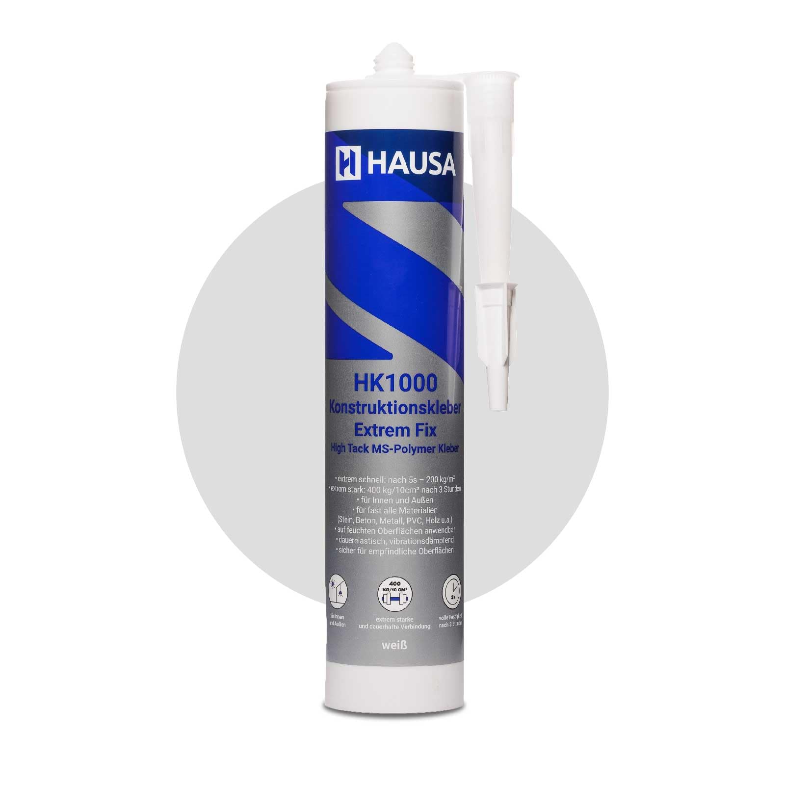 HAUSA Colle de Construction Polymère MS Haute Tack HK1000 avec Presse à Cartouche Colle de Montage 400kg/10cm² après 3h pour Construction Intérieure et Extérieure Colle Tout Usage 1x 290ml Blanc