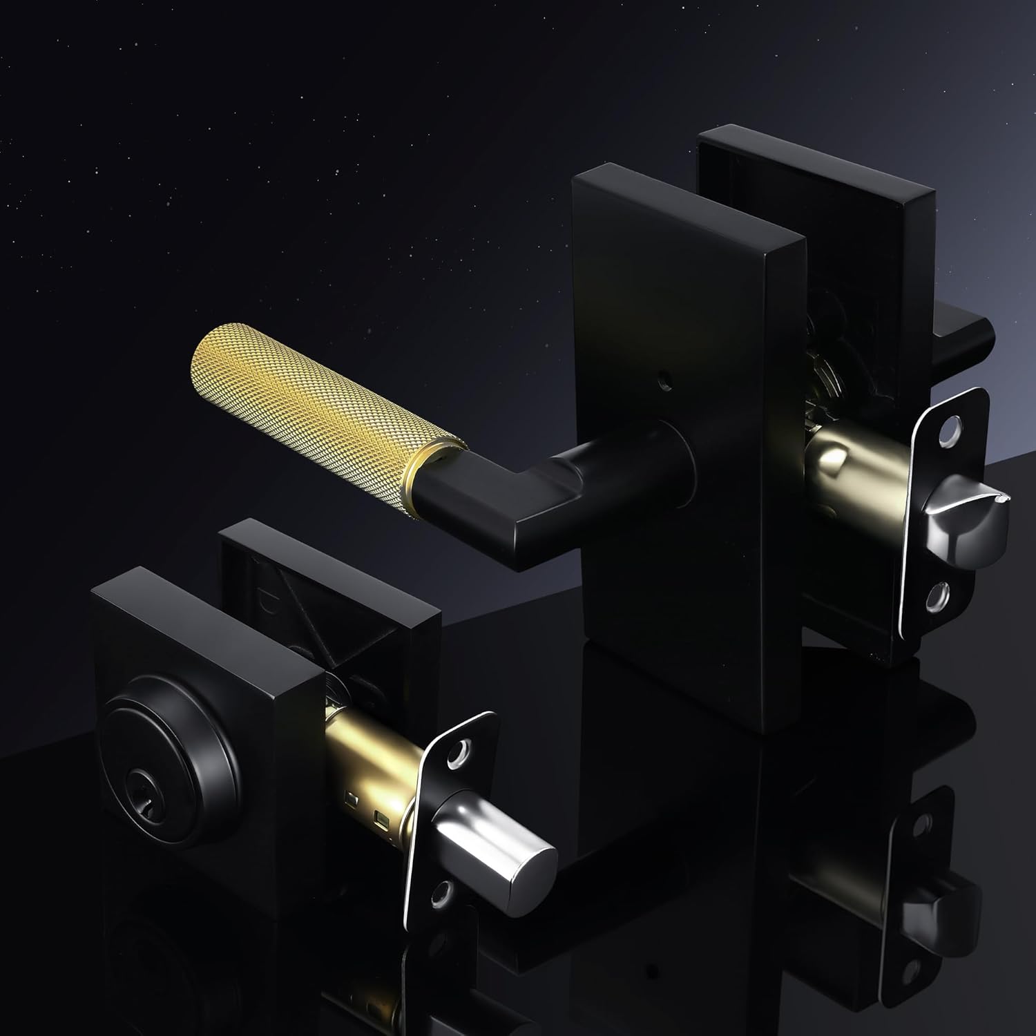 Leydebong 1 Pack Front Door Locksets with Deadbolt, Heavy Duty Black Gold Door Handles, Keyed Reversible Lever Exterior