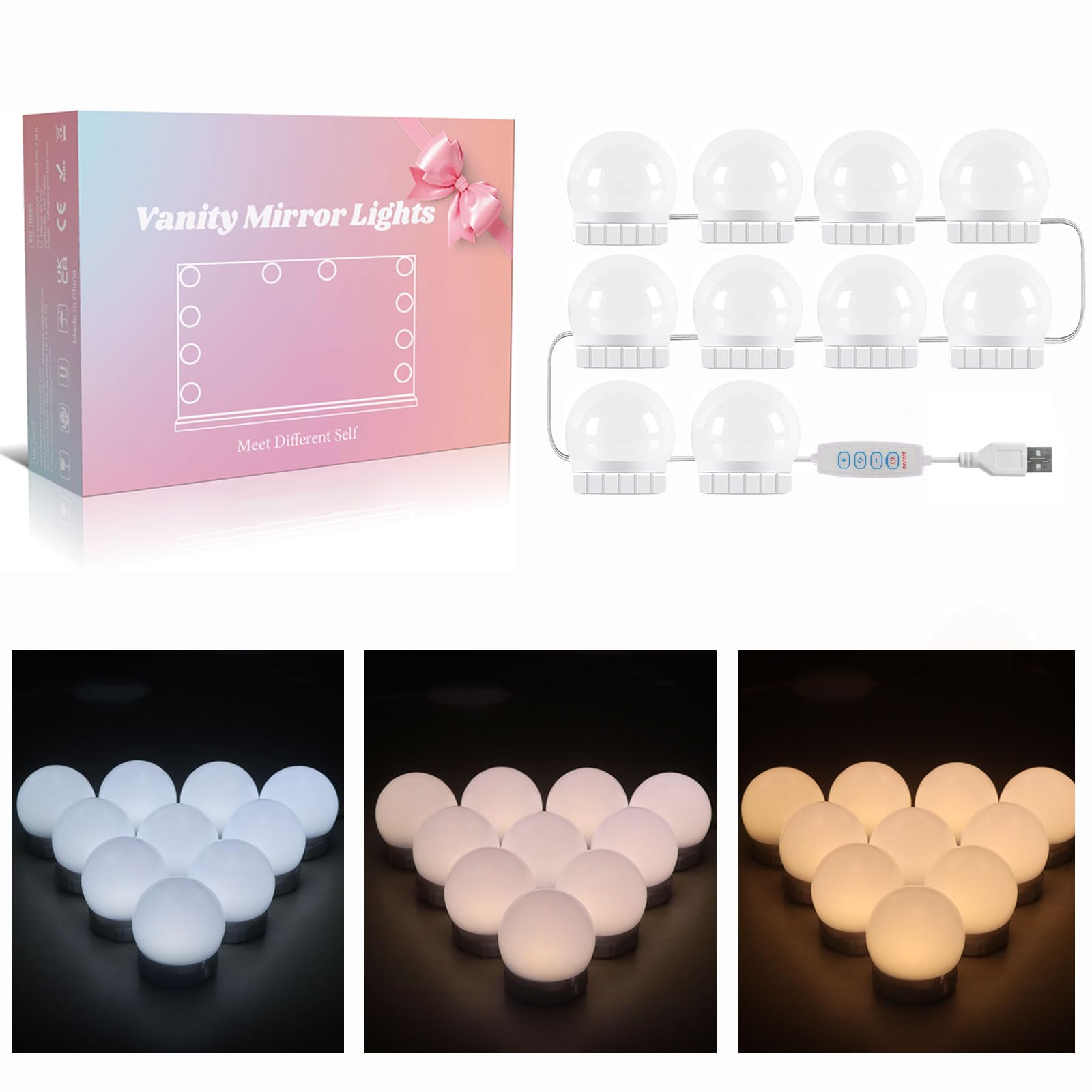 Akynite Vanity Lights Stick On with Adapter, Hollywood Mirror Lights with Adjustable Cable, 3 Colors & 10 Brightness, Dimmable LED Bulbs for Dressing Table (10 Bulbs)