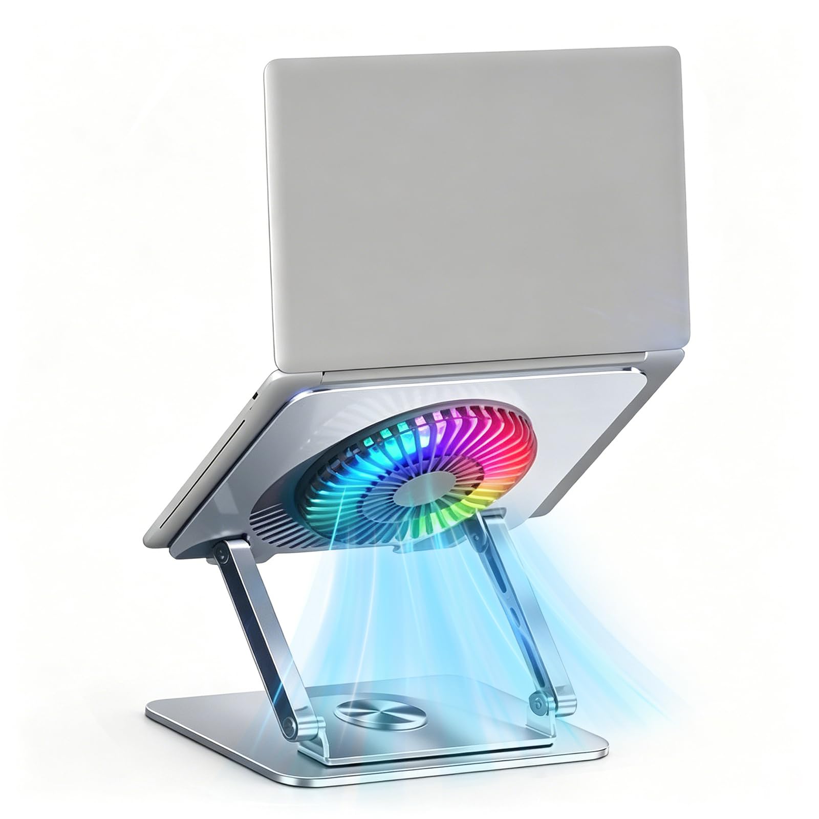 Soporte de refrigeración RGB para laptop con base giratoria de 360°, elevador plegable ajustable para laptop, ventilador ultra silencioso para disipación de calor, soporte ergonómico para laptop de 10