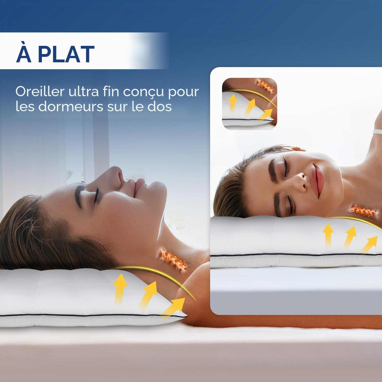 MINUPWELL Lot de 2 oreillers Ultra Fins, oreillers Plats pour Dormir, Mince avec Soutien de Hauteur 7D de 6,3 cm, oreillers de lit Fins pour Les dormeurs sur Le Ventre, Oreiller Discret Taille