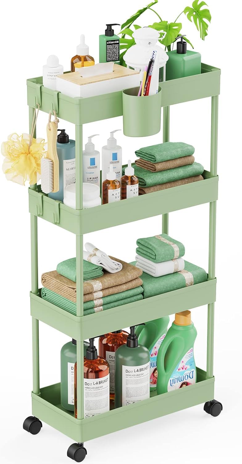 LEHOM Slim Rolling Storage Cart - 4 Tiers Bathroom Organizer Utility Cart Slide Out Storage Shelves Mobile Shelving Unit for Kitchen, Bedroom, Office, Laundry Room, Small Narrow Spaces（7.1" W+Green）