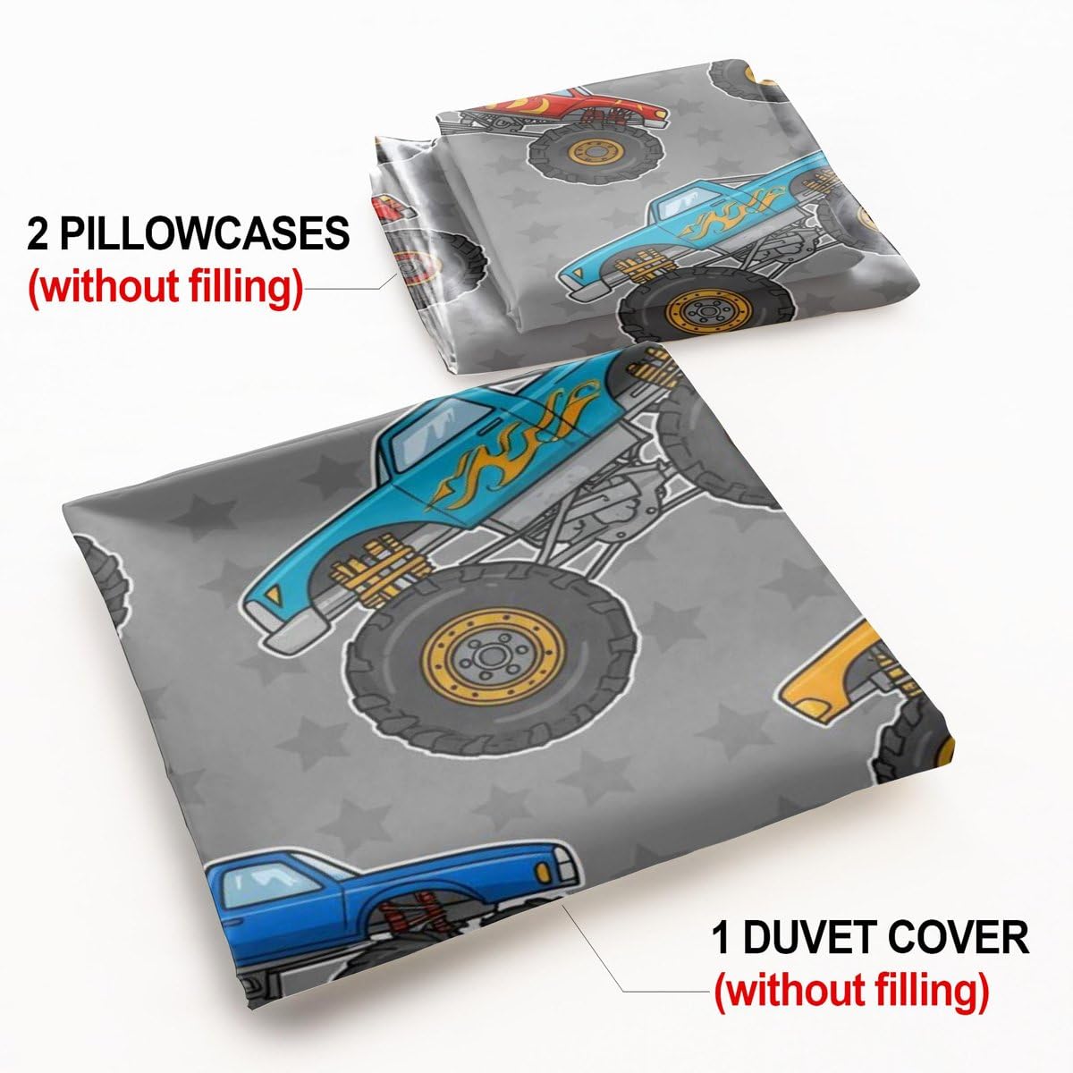 Kinder-Bettwäsche-Set mit Monster-Truck, für Einzelbett, Cartoon-Motiv, für Jungen und Mädchen, weiche Mikrofaser, 3D-Druck, Bettdeckenbezug, Schlafzimmer-Dekor (Stil 3, Einzelbett 135 x 200 cm + 50 x
