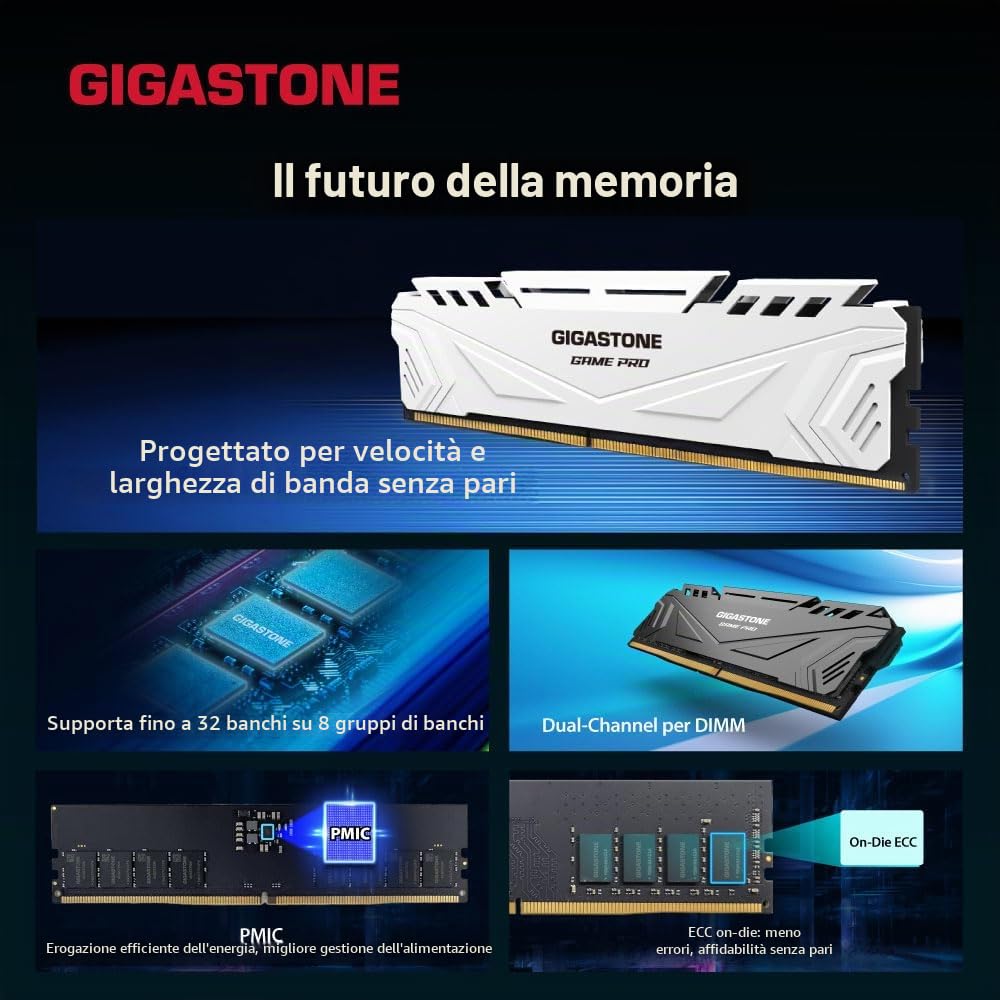 【RAM DDR5】GIGASTONE Bianco Game Pro RAM 32GB (2x16GB) DDR5 32GB DDR5-5600 MHz PC5-44800 CL40 1,25 V 288 pin unbuffered non ECC UDIMM per PC Gaming modulo di memoria (SOLO Desktop)