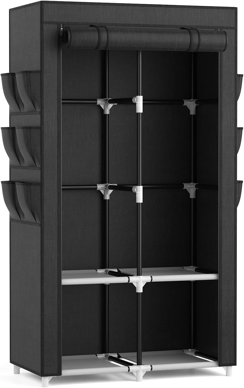 Armoire portable en tissu Vêtements suspendus 4 étagères 2 tringles 6 poches Stable Facile à assembler Couvercle Chambre à coucher Noire