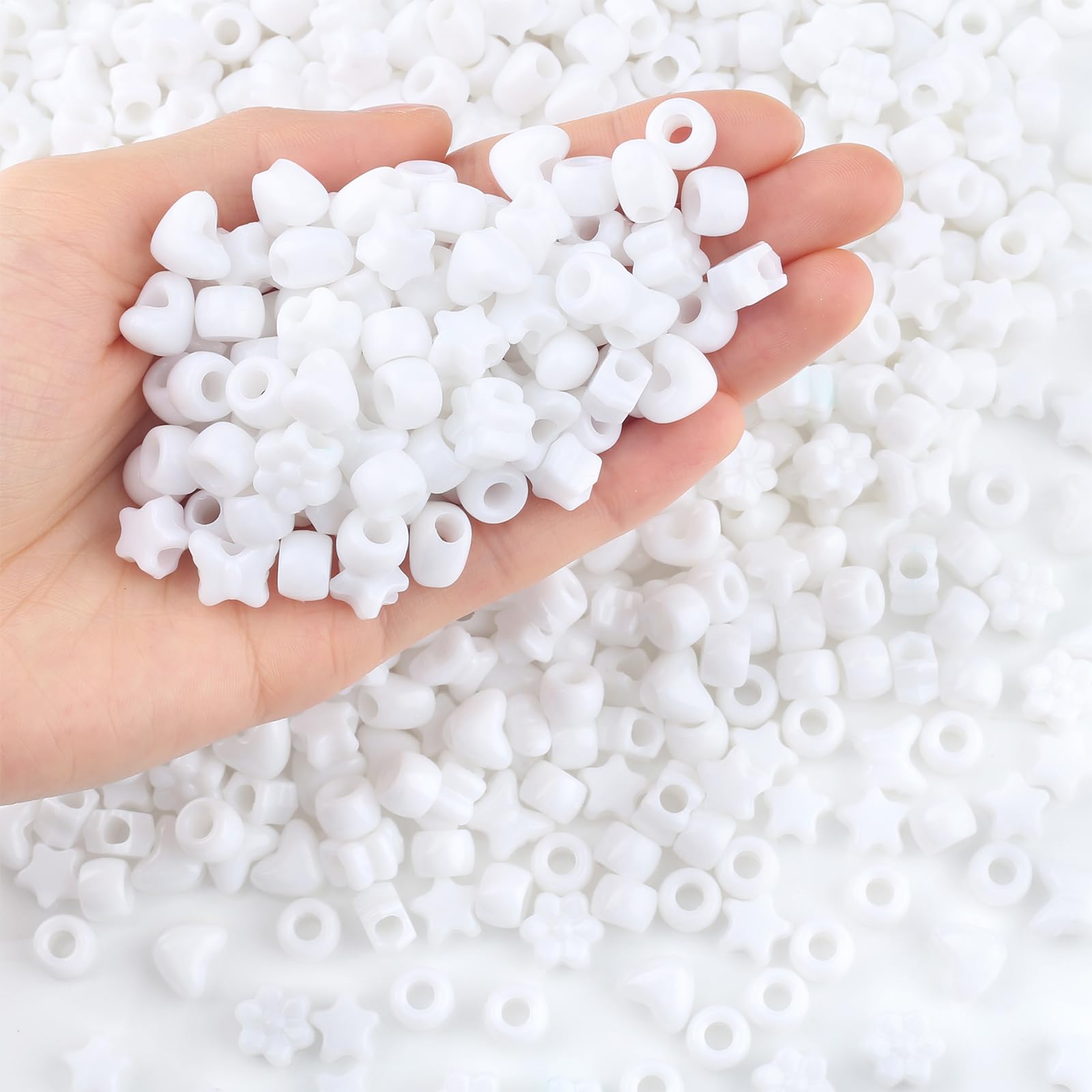 Sahoottie White Pony Beads for Bracelet Making, 500 Pcs 5 Shapes Acrylic Plastic Pony Beads Set, Bulk Craft Pure Bead with 4mm Large Hole for Braids & DIY Jewellery Making,Wedding Decor Crafts