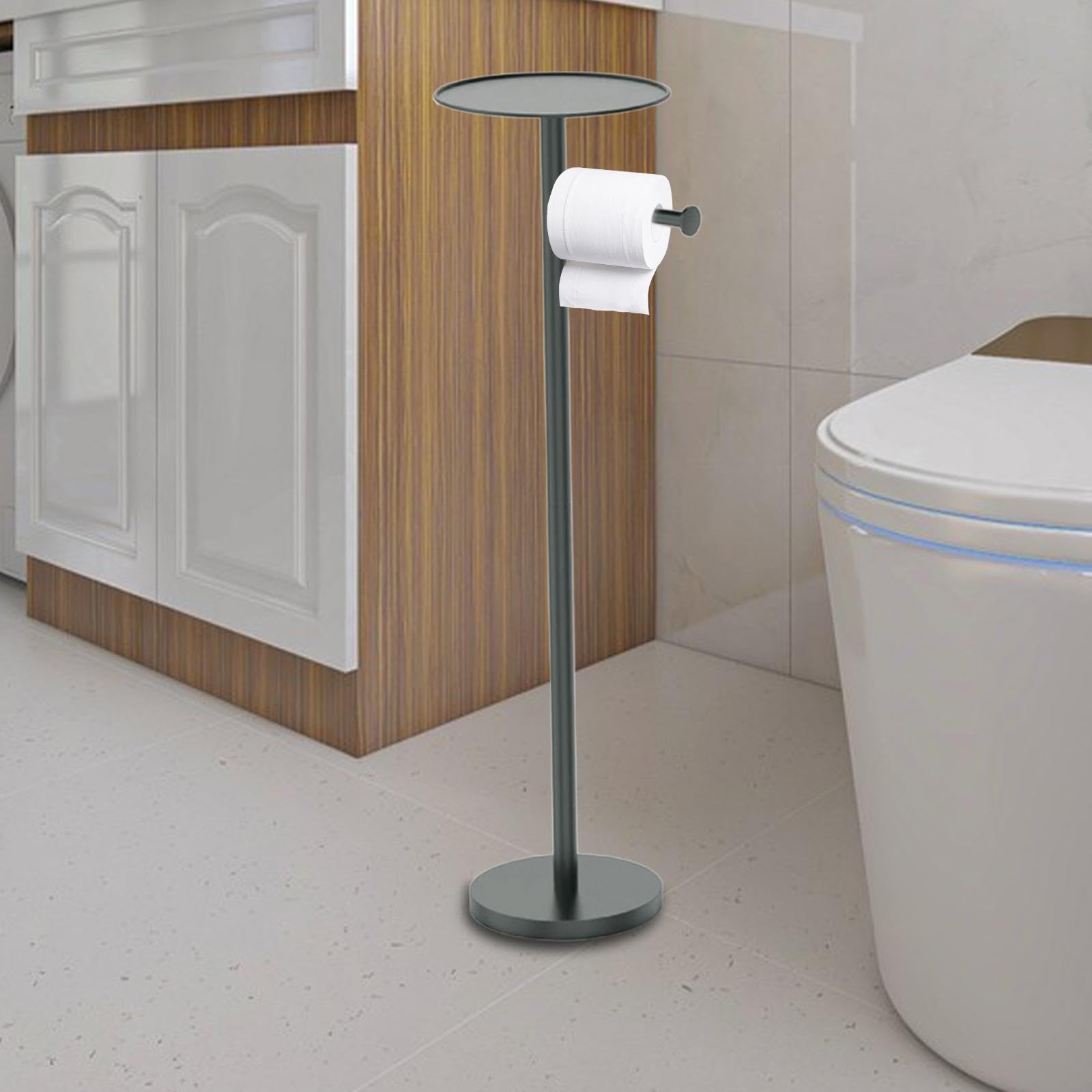 Dispensador de Papel Higiénico de 25,79'' con Estante, de Pie para Baño, Cocina, Aseo, Negro