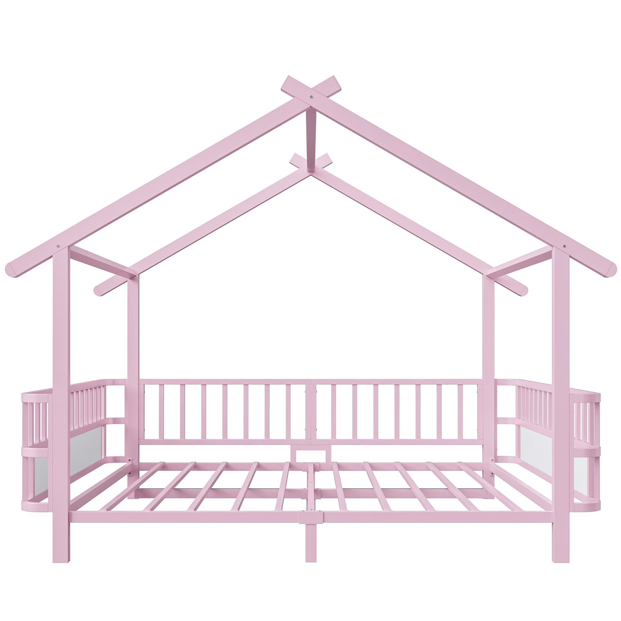 Merax Kinderbett aus Metall in Hausform 140x200 cm mit Sicherheitsgitter & Dachdesign – Rosa (Ohne Matratze)