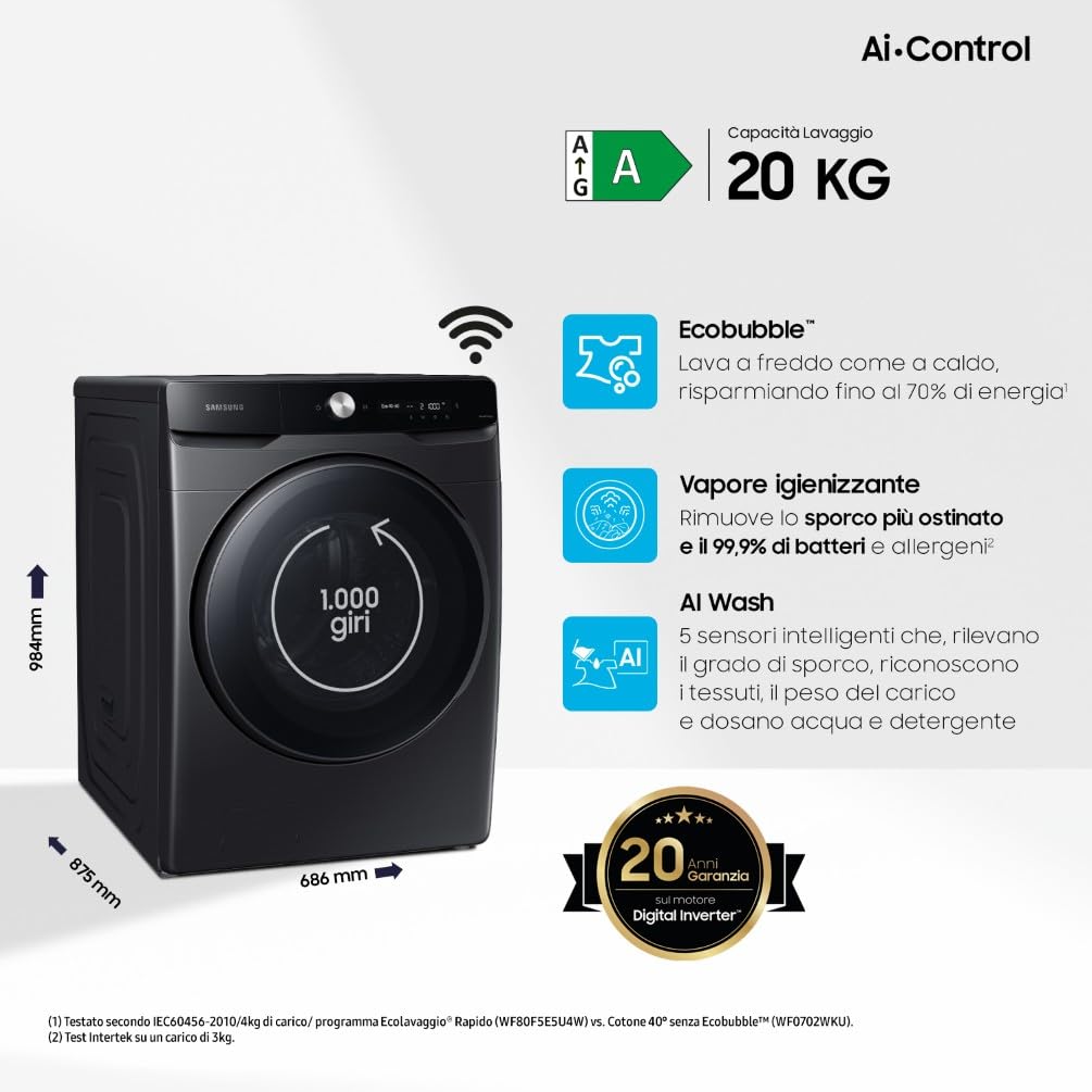Samsung Lavatrice AI Control WF20DG8650BV/U3 Libera installazione, 20 Kg, Wifi, Ecobubble, AI Wash, Vapore Igienizzante, Carica Frontale, Corpo: Bianco, Oblò: Nero, 68,6l x 98,4h x 87,5p cm