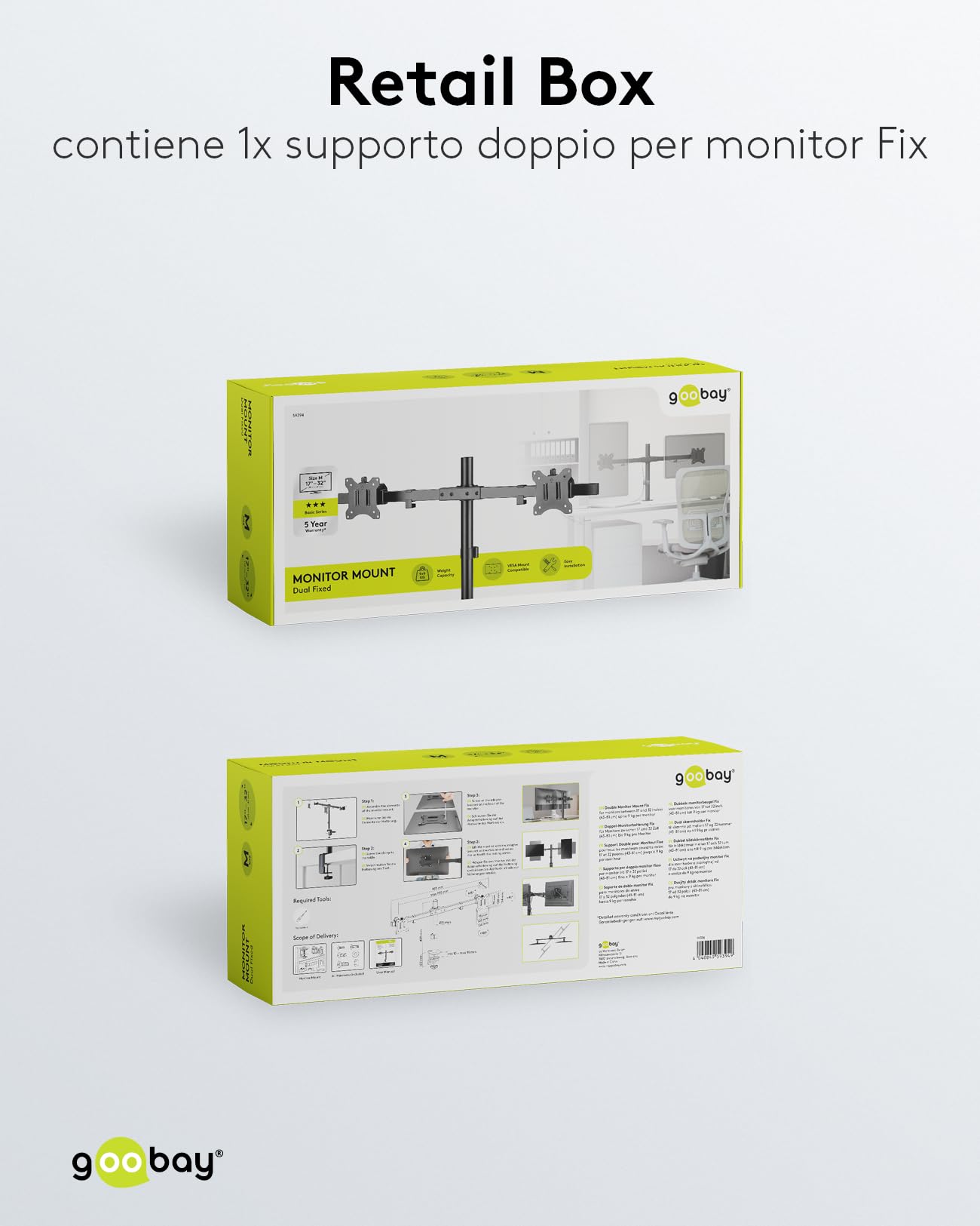 goobay Supporto Doppio Monitor 17-32 Pollici Inclinabile Regolabile in Altezza VESA 100x100 2x Fino a 9 kg con Morsetto Tavolo - Basic - 59394