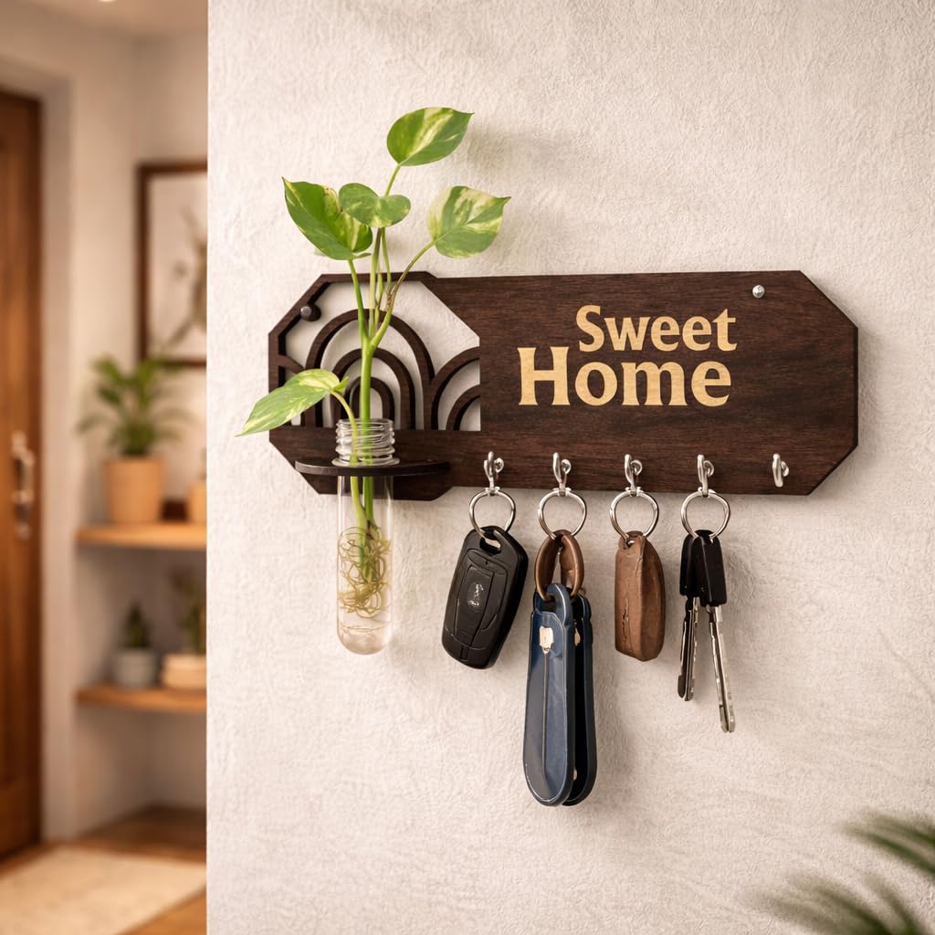 Wood Heart Sweet Home Wooden Wall Key Holder with Glass Plant Vase | Decorative Key Stand with Hooks | Entryway Wall Organizer for Home & Office (Sweet Home Wooden Wall Key Holder)-image-40