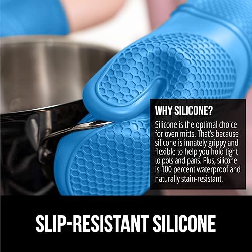 Miniatura 48 de GORILLA GRIP Juego de 4 manoplas de horno de silicona suave sin BPA y soportes para ollas, resistentes al calor, forro de algodón grueso, agarre Rojo