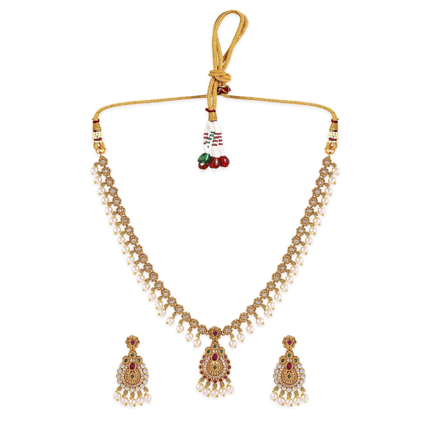 rubans 22K Gold-Plated Ruby & Emerald Kundan and CZ Studded Jewellery Set with Pearl Beads-picture-43