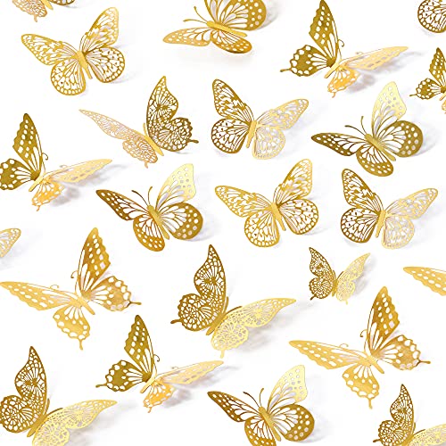 SAOROPEB 3D Butterfly Wall Decor – 48 Pcs, 4 Styles, 3 Sizes, Gold Butterfly Decorations for Birthday & Party Celebrations, Removable Stickers