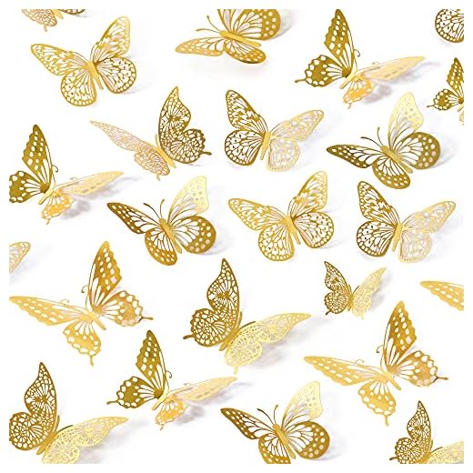 SAOROPEB 3D Butterfly Wall Decor 48 Pcs 4 Styles 3 Sizes, Gold Butterfly Decorations for Butterfly Birthday Decorations Butterfly Party Decorations Cake Decorations, Removable Wall Stickers Room Decor for Kids Nursery Classroom Wedding Decor (Gold)