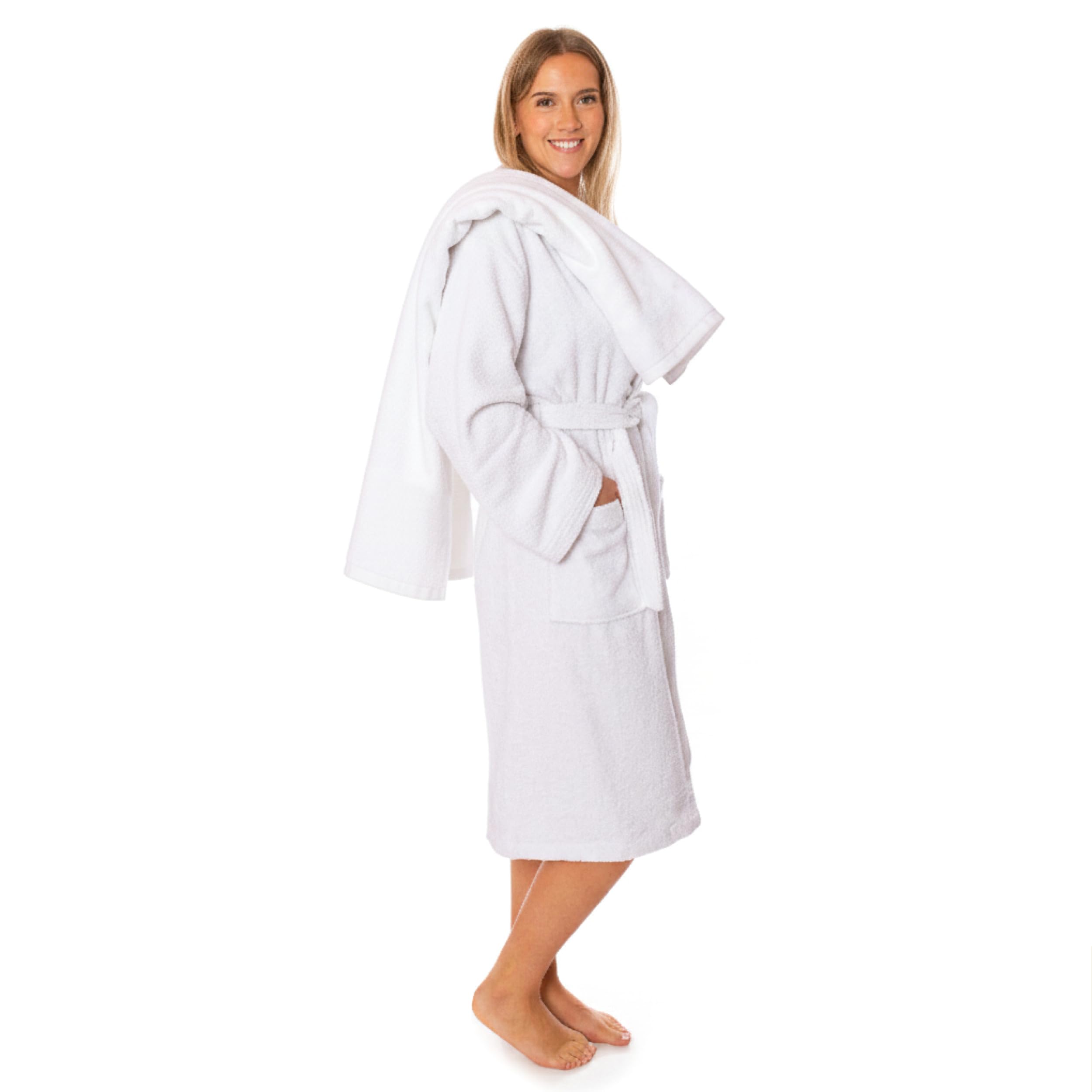 Lavea® Ensemble Sauna Peignoir pour Hommes et Femmes avec Grande Serviette de Douche 80x200 cm – Serviettes en 100% Coton, Douces et Absorbantes, avec Capuche et Ceinture, Oeko-TEX® – Blanc