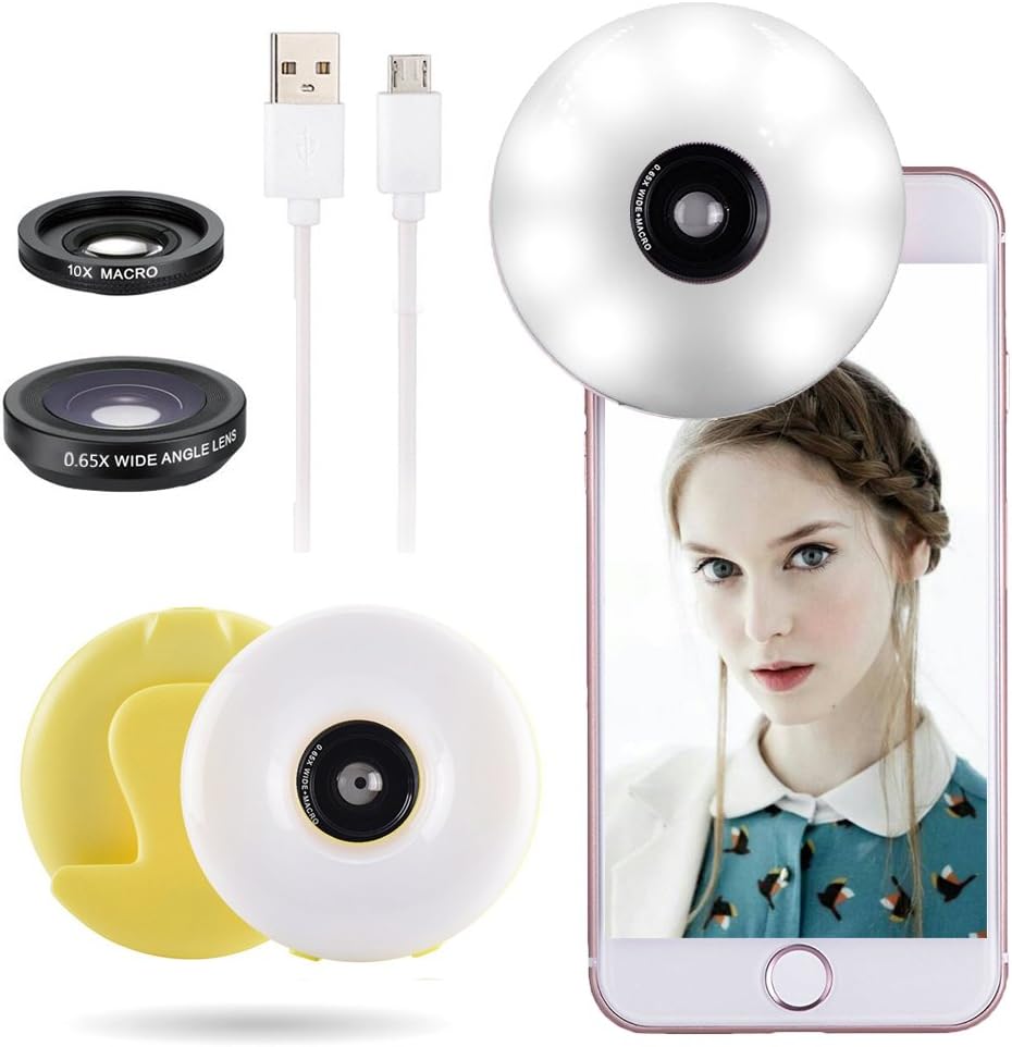 3 in 1 Rechargeable Selfie Ring Light Lens for Phone, Quarkware Clip On 3 Lighting Levels Selfie Warm White LED Bright Ring Light w/Telephoto Wide Angle Macro Lens for Smart Cellphone (Yellow)