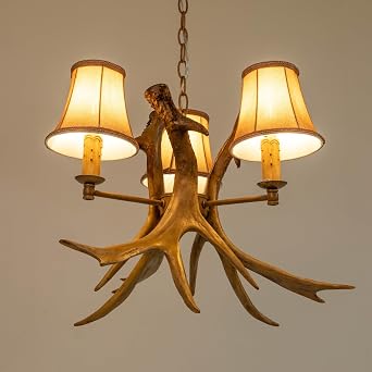 Resin Deer Antler Chandelier Vintage Farmhouse Deer Horn Ceiling Light Retro Pendant Light with Fabric Shade Antler Lamp for Kitchen Dining Room Living Room Bedroom