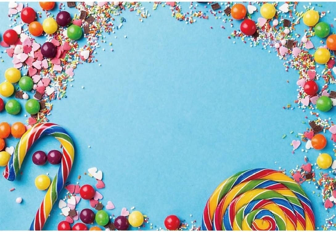 Yeele 8x6ft Colorful Candies Backdrop for Photography Kids Birthday Party Sweets Candy Cane Lollipops Blue Background for Boys Girls Newborn Theme Party Portrait Studio Photo Booth Shoot Props