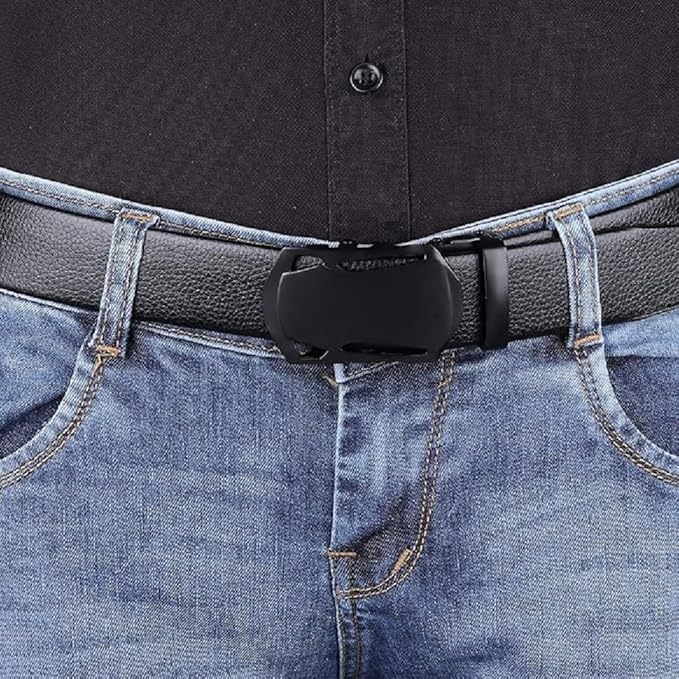 Image of MARETTO Black Leather Belt for Men with Automatic Ratchet Buckle | Adjustable Formal & Casual Belt for Men | Stylish Full Black Waist Belt for Office, Jeans & Trousers
