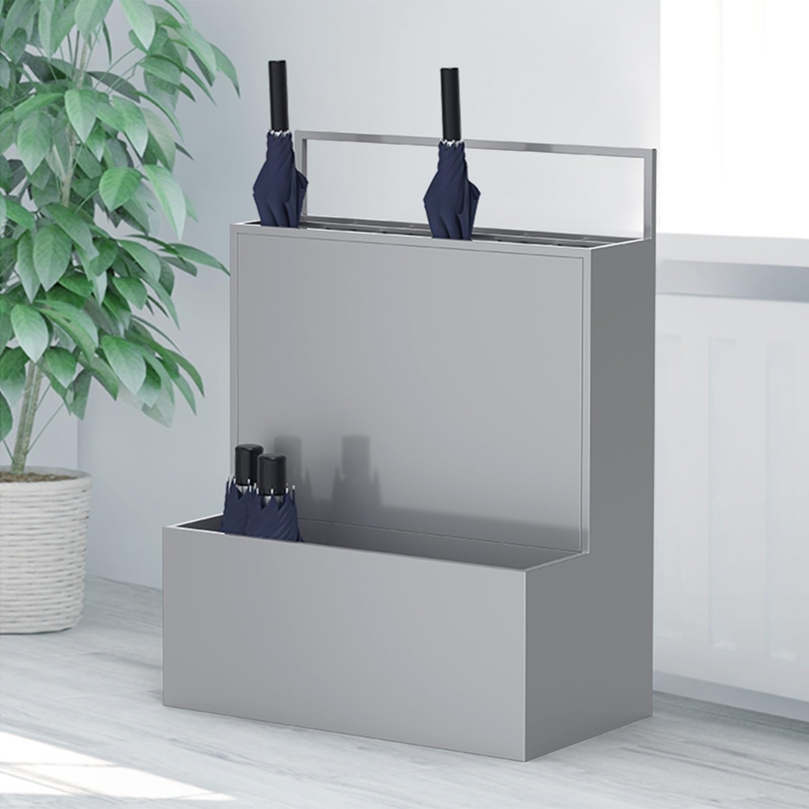 Generico Portaombrelli in Metallo a 2 Livelli per portaombrelli da Ingresso, portaombrelli Commerciale con Vassoio raccogligocce Rimovibile (Grigio, 38 * 26 * 53 cm/15 * 10,2 * 20,9 Pollici