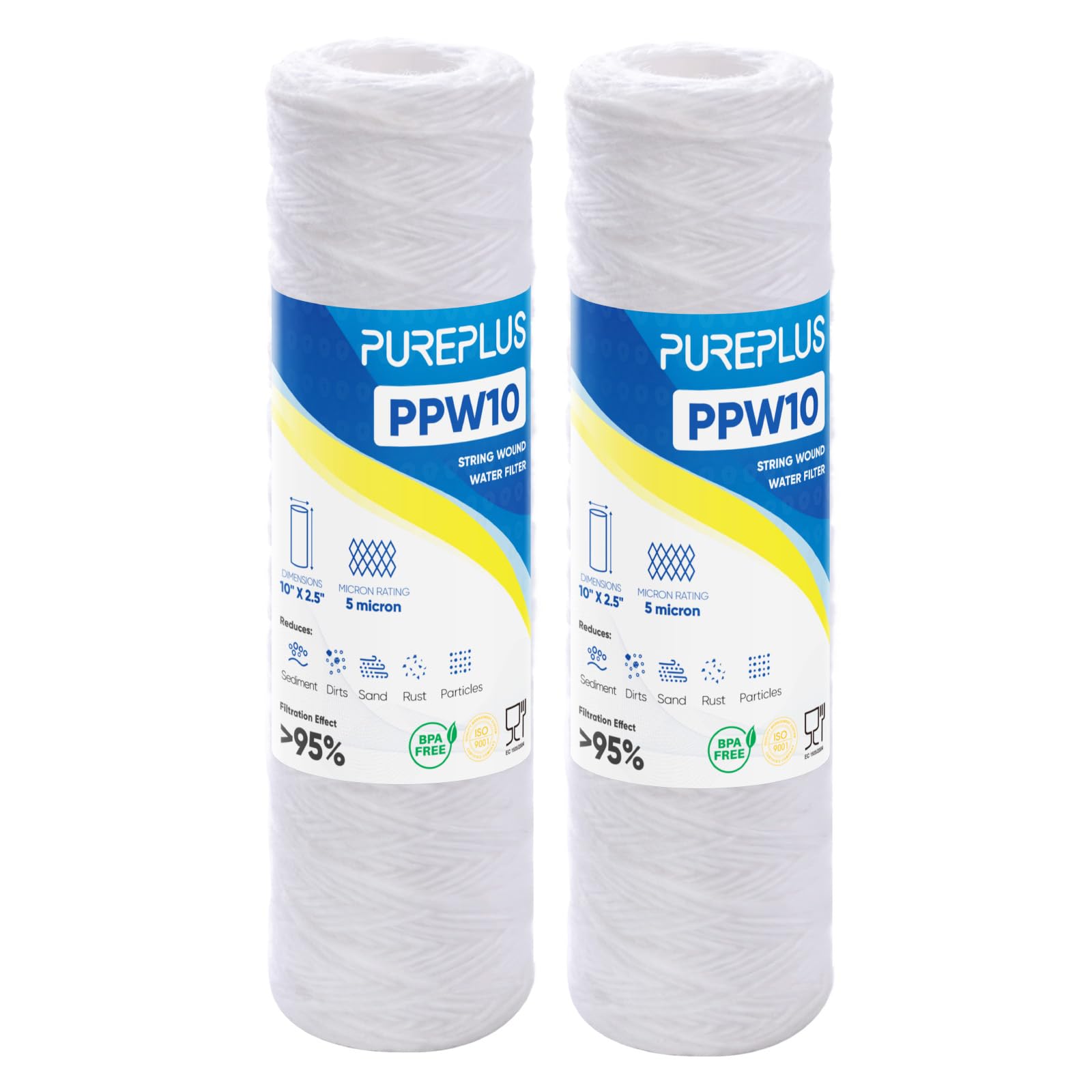PUREPLUS 5 Micron 10"x2.5" Whole House String Wound Sediment Filter for Well Water, Replacement Cartridge for Universal 10 inch RO System, WP-5, Aqua-Pure AP110, CFS110, Culligan P5, WFPFC4002, 2Pack