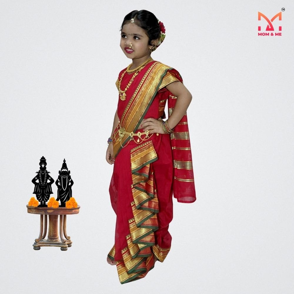 Mom and Me Girls' Ready-to-Wear Mastani Nauwari Saree with Stitched Blouse | Traditional Maharashtrian Ilkal Border | Soft Acrylic Cotton | Age 12 Months to 15 Years (Red, 5-6 Years) - Image 2 thumbnail