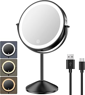 8" Lighted Makeup Vanity Mirror with 3 Color Dimmable Lights, 1X/10X Magnifying Rechargeable Double Sided Cosmetic Mirror, 360° Swivel Light Up Cordless Standing Mirror Black