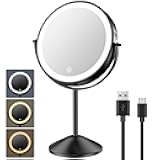 Benbilry 8 Inch Lighted Makeup Vanity Mirror with 3 Color Dimmable Lights, 1X/10X Magnifying Rechargeable Double Sided Light Up Cosmetic Mirror, 360° Swivel Cordless Standing, Black