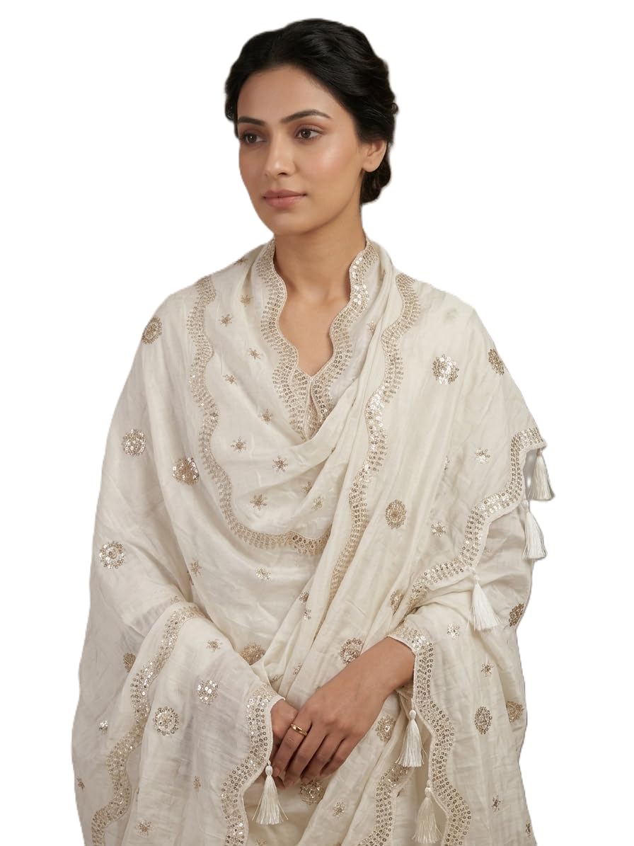 drape essence Women's Golden Zari Work Allover Embroidered Cutwork Silk Blend Dupatta | Full 2.4mtr Long | Dupatta with Tassels | Festivewear For Women.-picture-43