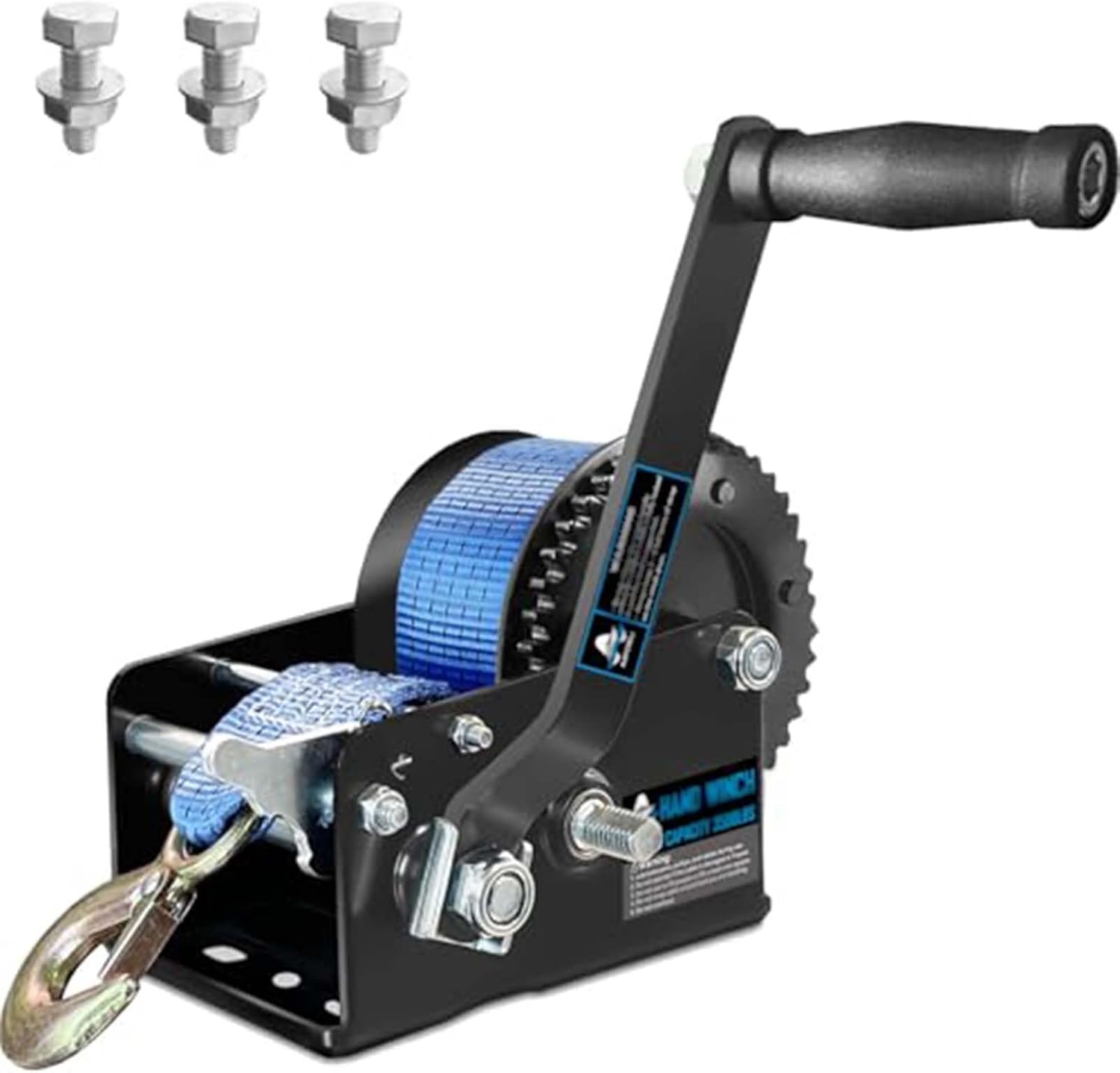 Obstacle Car Towing Rope Boat Trailer Winch 3500lbs Hand Winch With 33ft(10m) Blue Strap, 4:1/8:1 Gear Hand Cable Winch With Hook, 2 Way Ratchet Manual Winch For Jet Ski Boat Towing Pulley Drag Winch