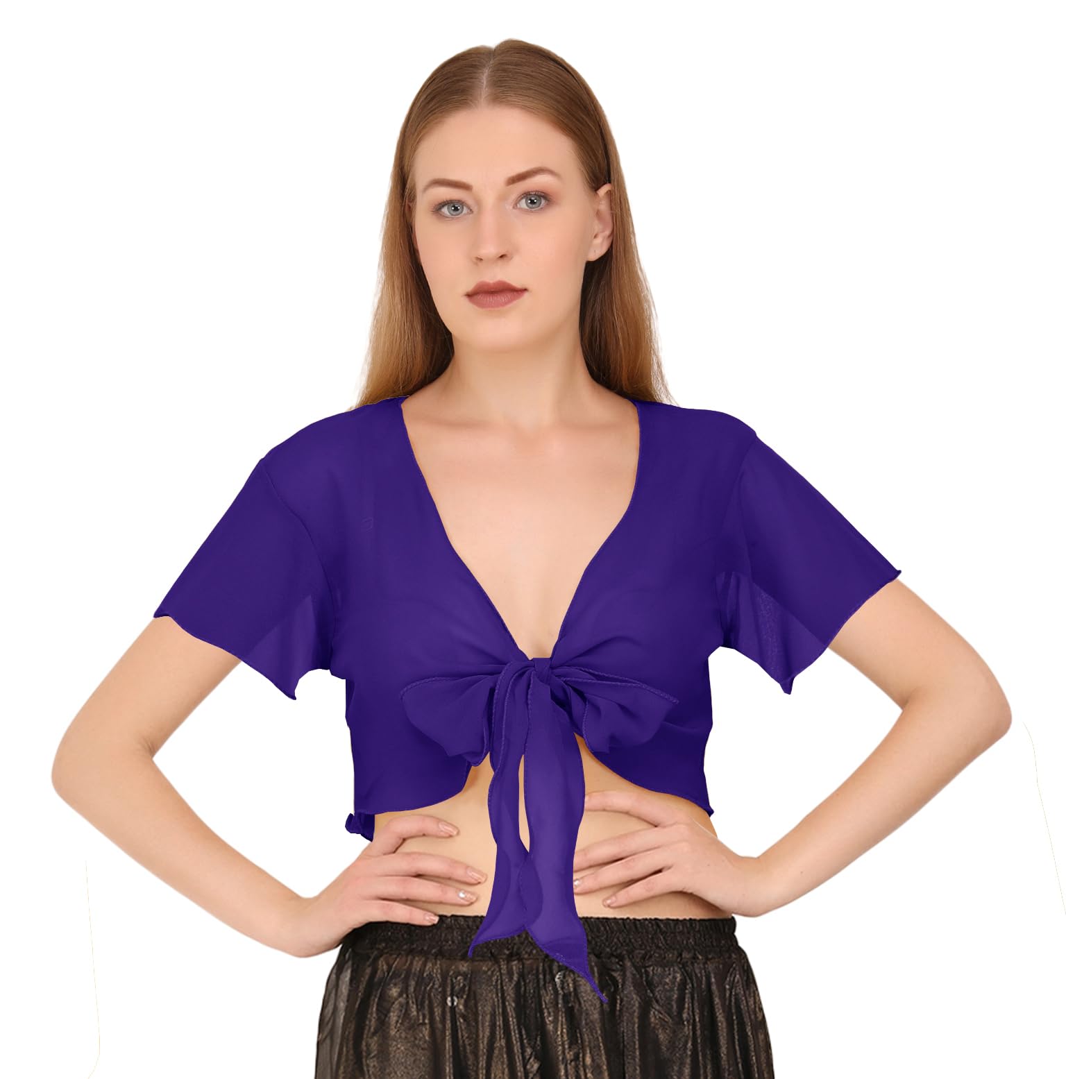 Indian Trendy Women's Chiffon Short Sleeve Tie Top Choli Blouse Belly Dance Gypsy Tie Front Cardigan Tops