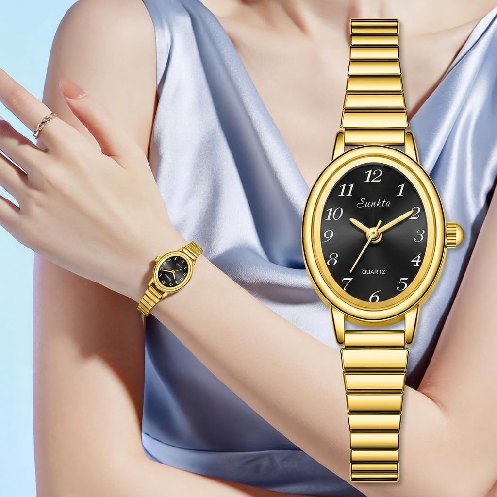 FANMIS Piccolo orologio da donna in oro facile da leggere, quadrante ovale analogico con cinturino di espansione in acciaio inossidabile, orologio da polso al quarzo da donna resistente all'acqua