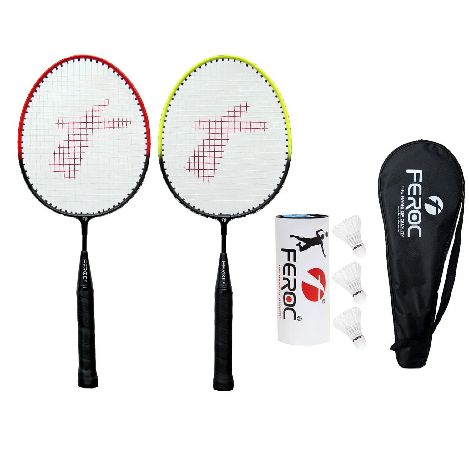 Feroc Kids Badminton Racquet Aluminum Set of 2 with 3 Pieces Feather shuttles with Full Cover, Multicolour