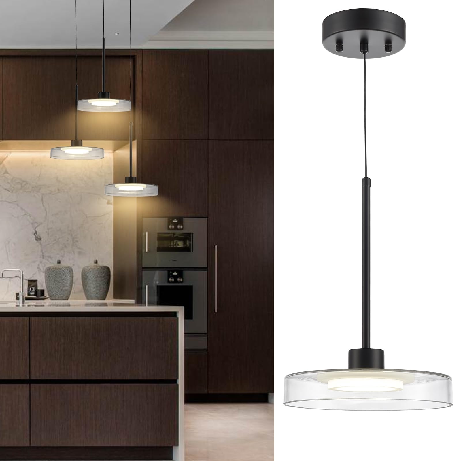 SHAWNKEY Black Pendant Lights Kitchen Island Led Modern Pendant Light Fixture for Bedroom Dinning Rooom Living Room Led 4000k