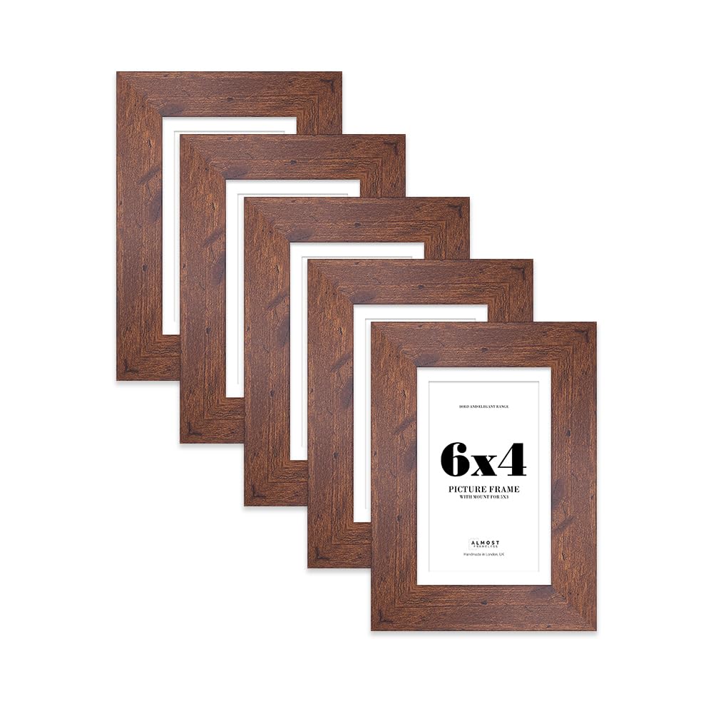 6x4 Rustic Wood Frame With Mount for 5x3 Pictures 28mm Edge Portrait and Landscape Display with Wall Hooks and Kickstand, 5 Pack
