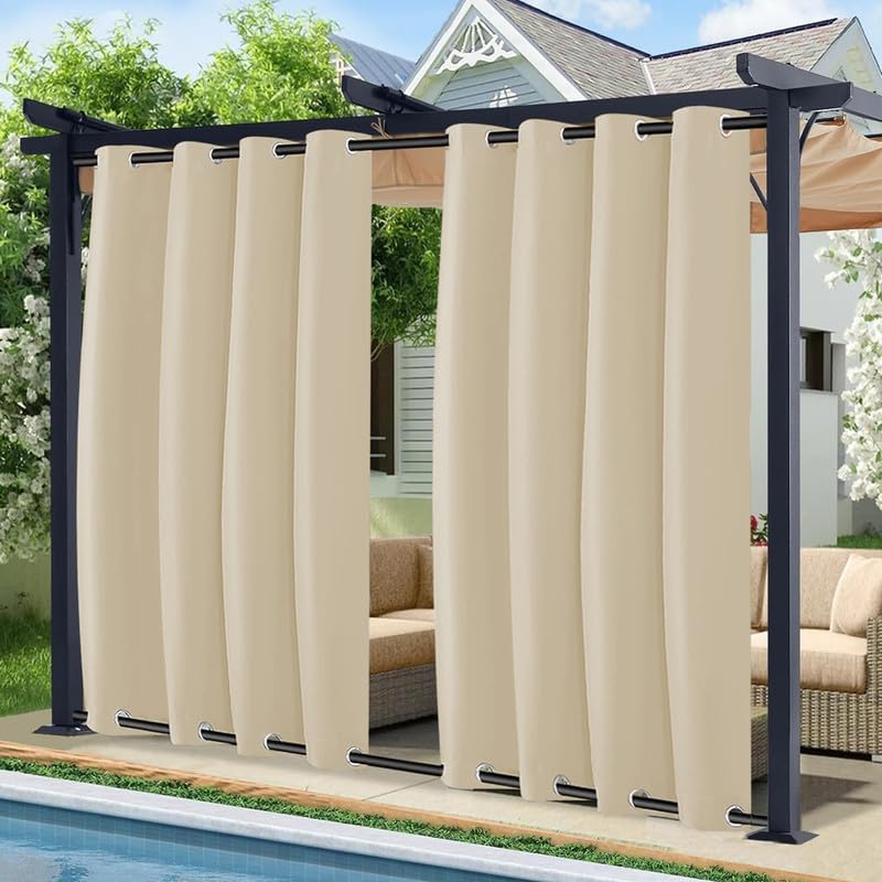 BliRiki Waterproof Outdoor Curtain for Patio - Top & Bottom Grommet Windproof Curtain Panels, Blackout Curtains for Porch Pergola Cabana Gazebo, 1 Panel, W72 xH96, Biscotti Beige