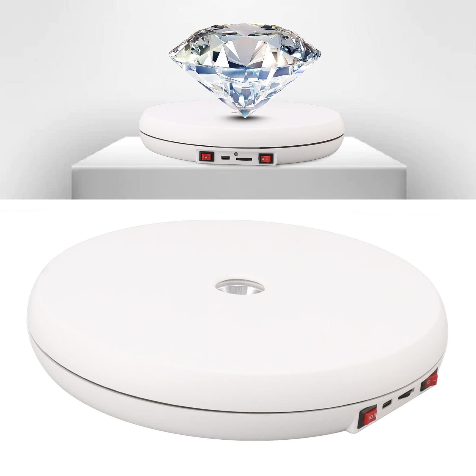 Mesa de exhibición giratoria eléctrica Luz LED 25 cm Silencio Capacidad de carga de 20 kg Soporte de exhibición de placa giratoria para joyería Cosméticos Relojes Fiestas t (Blanca)