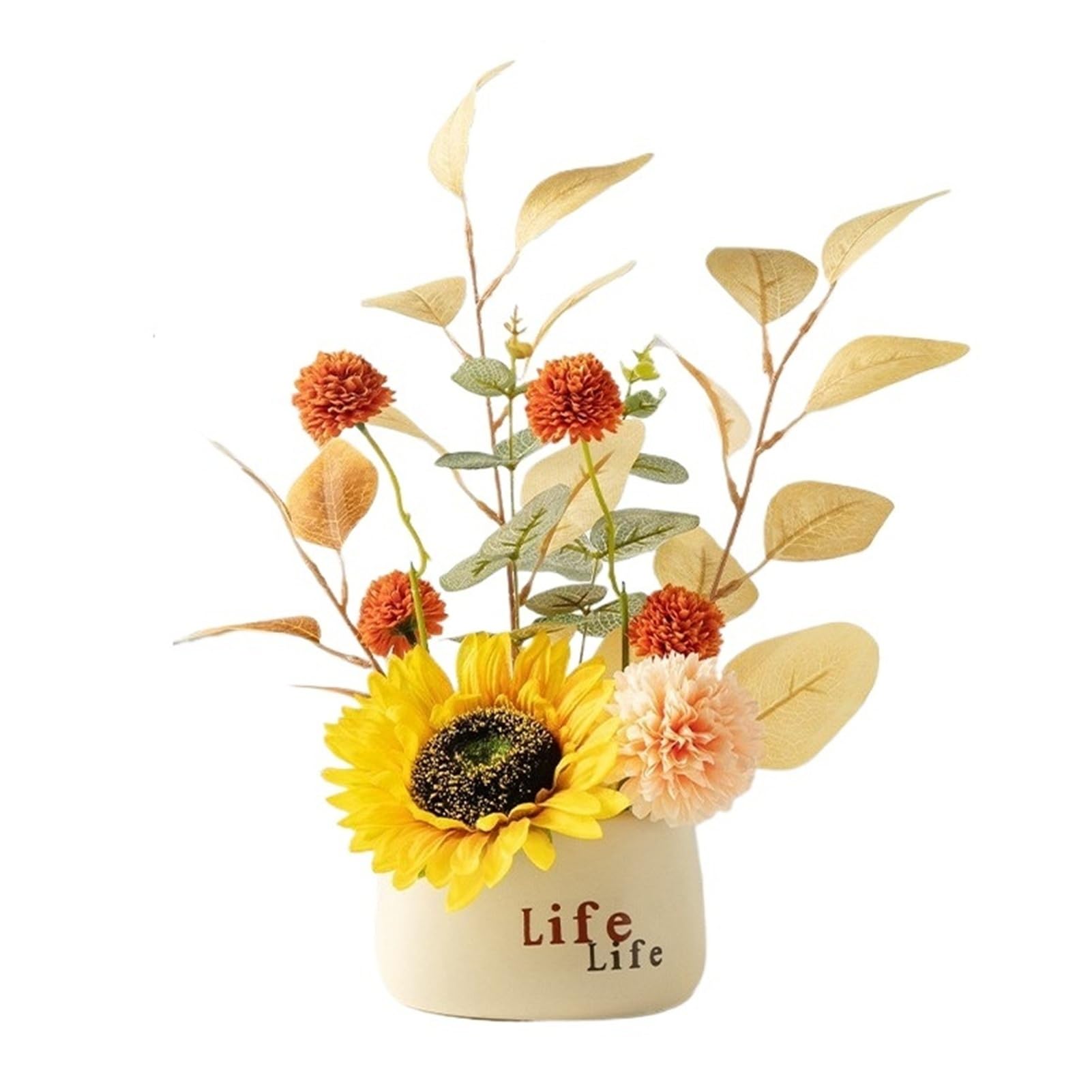 FORVEXILLA Artificial Sunflower Arrangement Ceramic Pot Fake Floral Ornament Decor Greenery