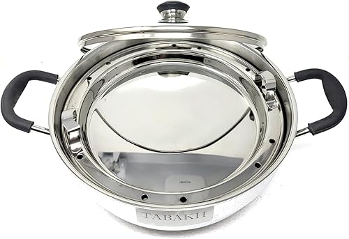 Miniatura 7 de Tabakh Ckitze Multi Kadai de acero inoxidable con placa de vapor, mini placa Idli, 2 placas Idli, 2 placas Dhokla, aptas para inducción