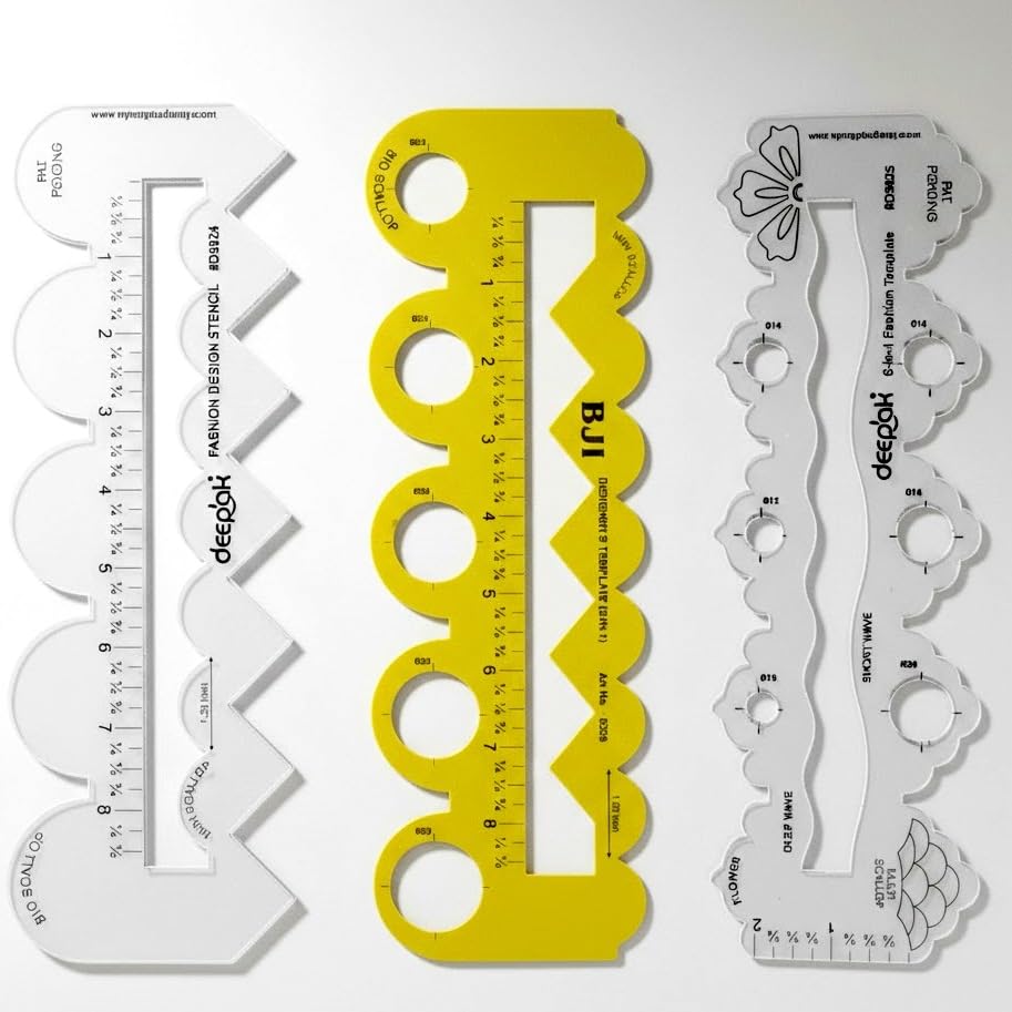 Image of Prabhas Designs Scallop Scale Combos, Design Tool for Scallop, Zig-Zag, Straight, Circles, Flower, Triangle Patterns (Yellow 5in1, 4in1, 6in1 scallop)