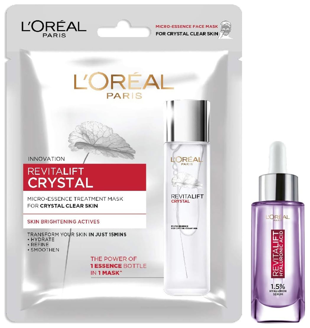 L Oréal Paris Revitalift 1.5% Hyaluronic Acid Face Serum, 15ml & Revitalift Crystal Micro-Essence Sheet Mask, 25g