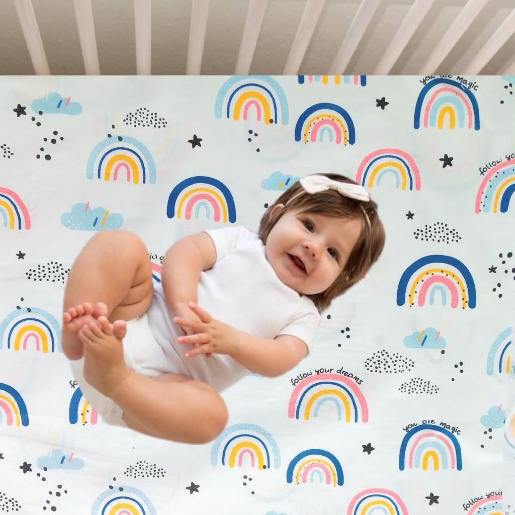 Cot Bed Fitted Sheets, 100% Cotton Travel Cot Sheets Fitted 140x70cm, Fits for Hauck Sleep N Play, Dream N Play Travel Cot, Ultra Soft & Breathable Cotton, Rainbow Print for Little Girl - Image 4