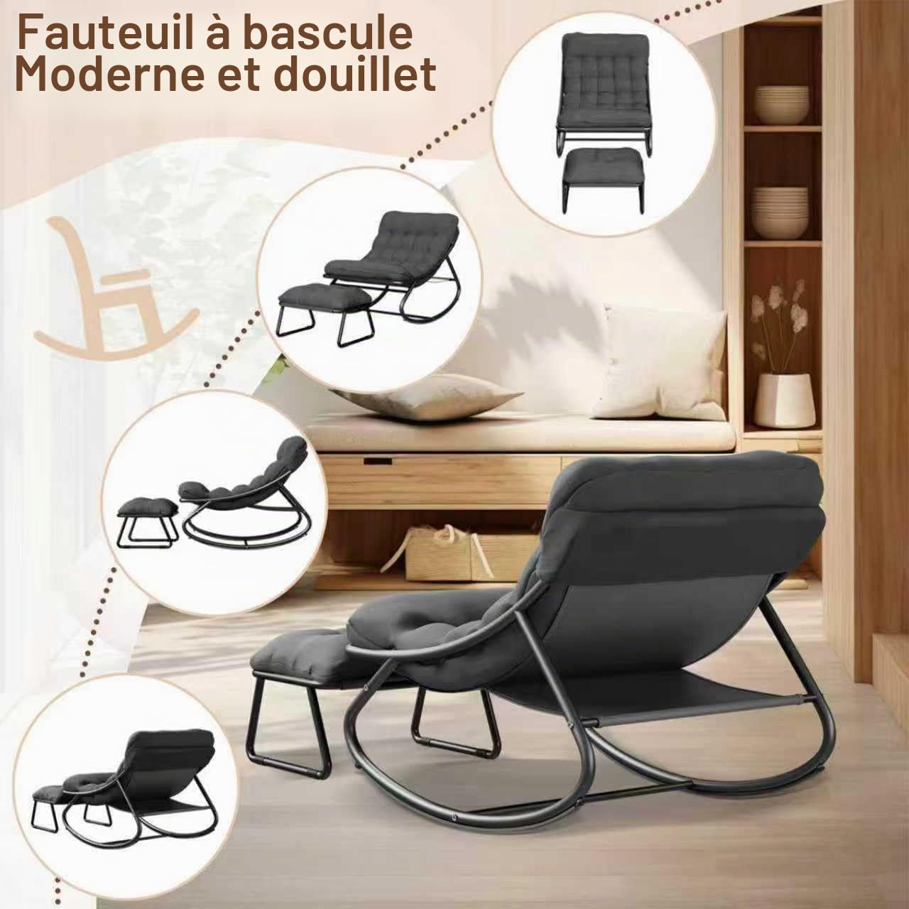 Fauteuil a Bascule avec Tabouret, Rocking Chair pour Intérieur, Extérieur, XXL Chaise a Bascule, Capacité 150 kg, Chaise à Bascule avec Coussin Rembourré, pour Salon, Jardin, Balcon (Gris)