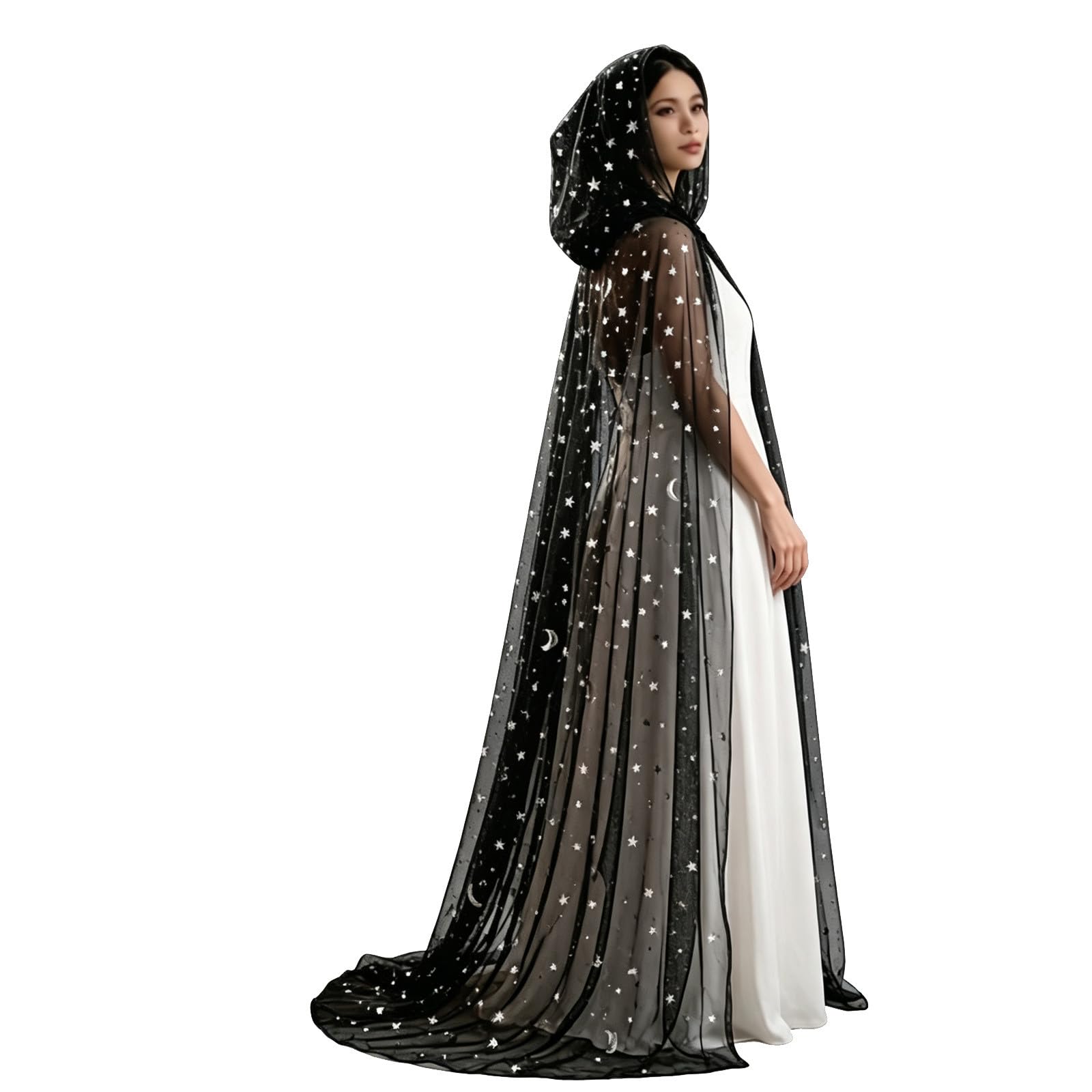Feizikaw Witch Mesh Star Moon Sequin Long Cape Costume For Party Performance Cosplay (Black, One Size)