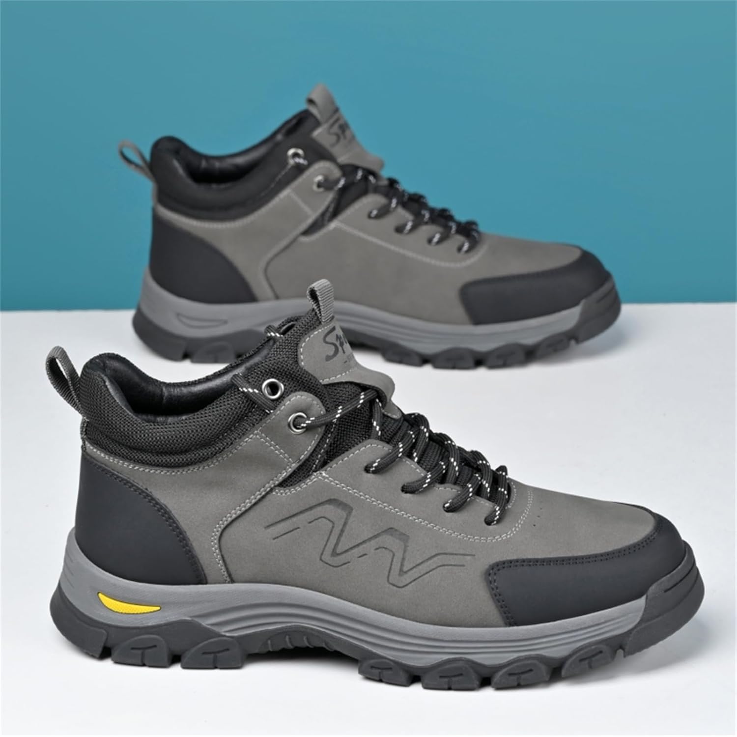 Men's Retro Waterproof Leather Lace Up Mid Top Platform Hiking Ankle Boots Breathable Non Slip with Arch Support Lightweight Outdoor Shoes for Backpacking Trekking Trails Camping Fishing