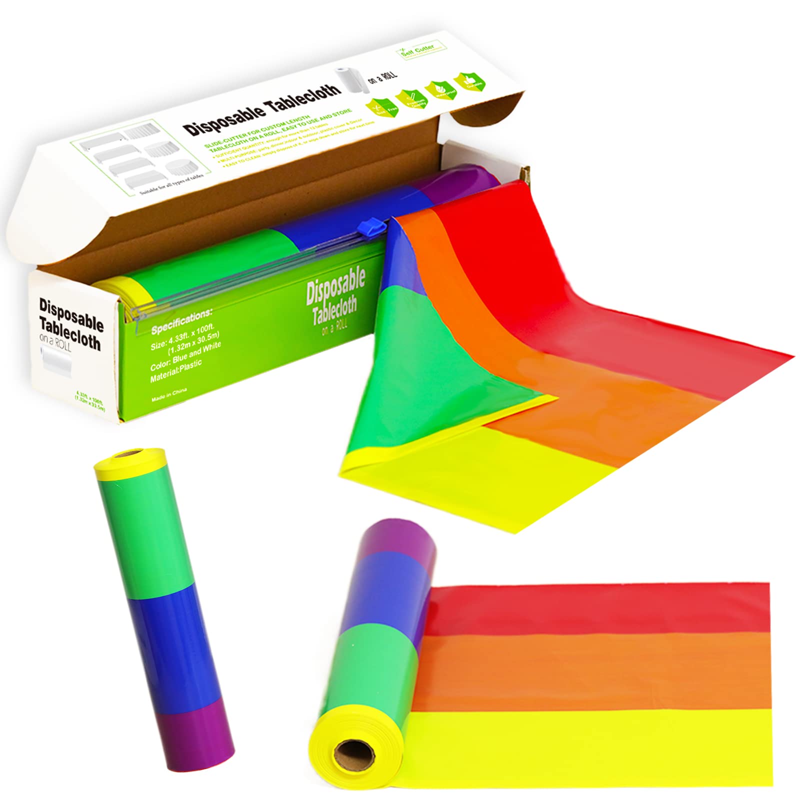Carnival Pride Rainbow Striped Tablecloth Roll - 52 in x 100 in with Slide Cutter - Plastic Table Cloth Roll - Rainbow Party Table Cover for Indoor and Outdoor Family Parties and Celebrations