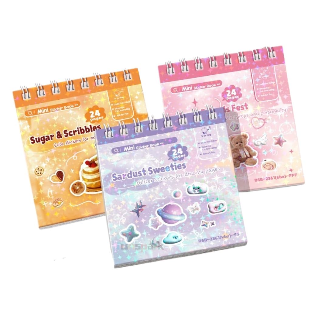 Mini Sticker Book Set – 3 Design Glitter Stickers with Tweezer, 72 Pages Each, Double Coil Binding, Cute Kawaii Transparent Stickers for Scrapbooking, Journaling, DIY, Stationery-image-4