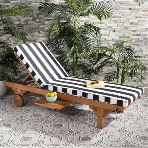Image of SAFAVIEH Outdoor Collection Newport Natural / Black & White Stripe Cushion Built-in Side Table Adjustable Chaise Lounge Chair