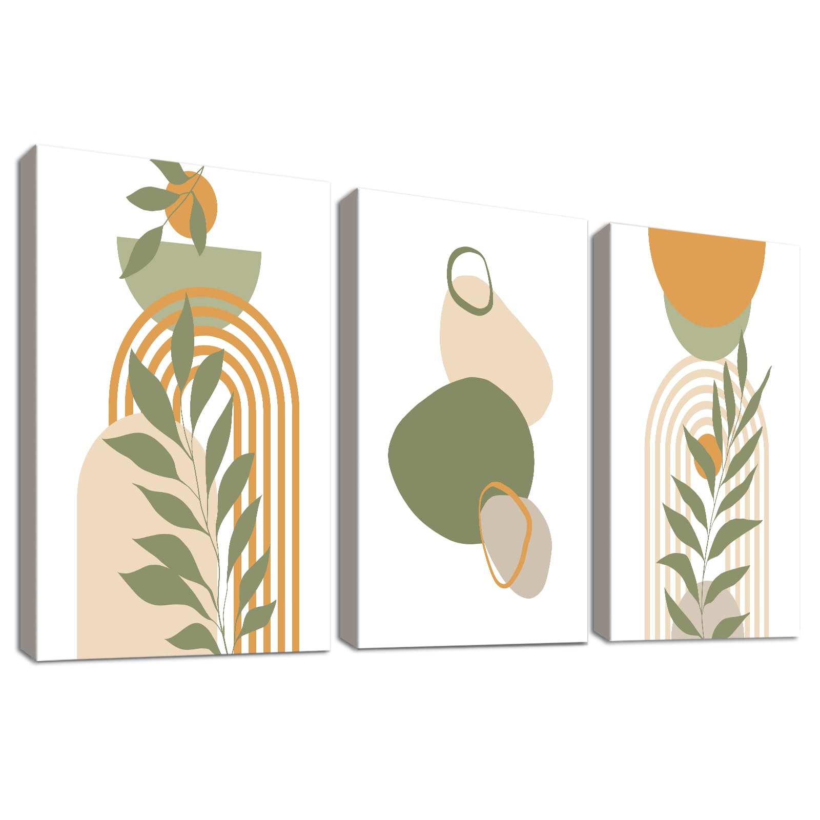 Set of 3 Wooden Framed Boho Mid-Century Canvas Wall Art Abstract Orange Green Leaves Painting on Canvas Prints Minimalist Geometric Sun Moon Pictures for Living Room Bedroom Wall Decor 50x70cm x3pcs โ image 1